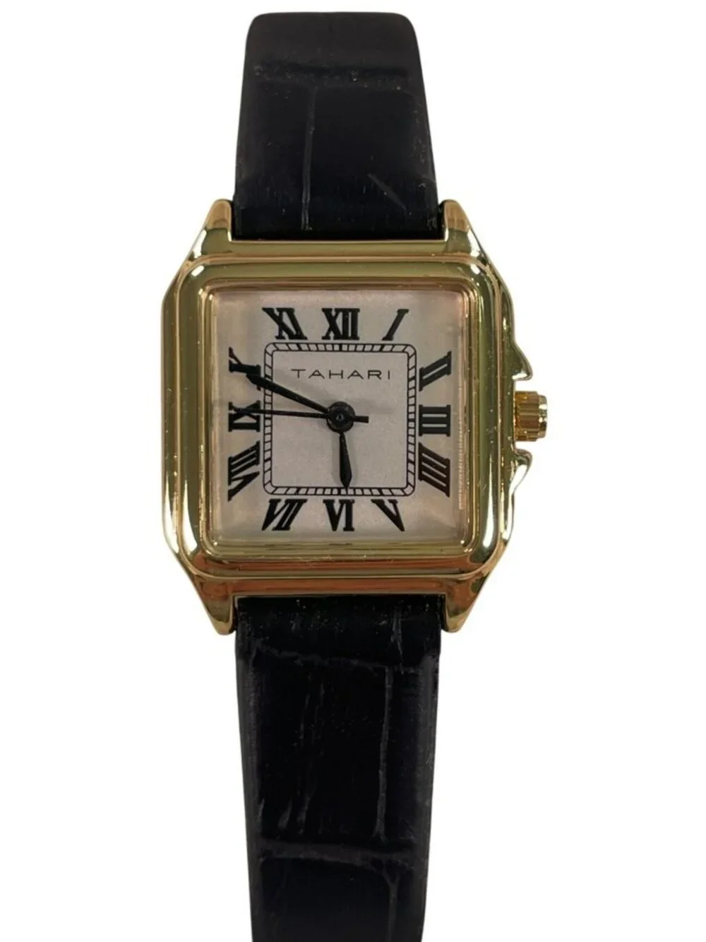 Tahari Gold-Tone Square Face Watch Black Leather Strap Women's TAH3281NX NEW